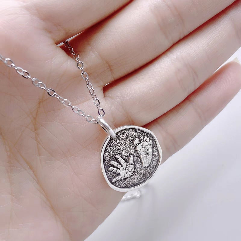 Custom baby footprint and fingerprint necklace 925 sterling silver necklace